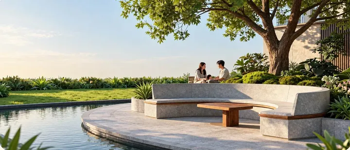 Phối cảnh khu vườn bên mặt nước với ghế nghỉ dưới tán cây