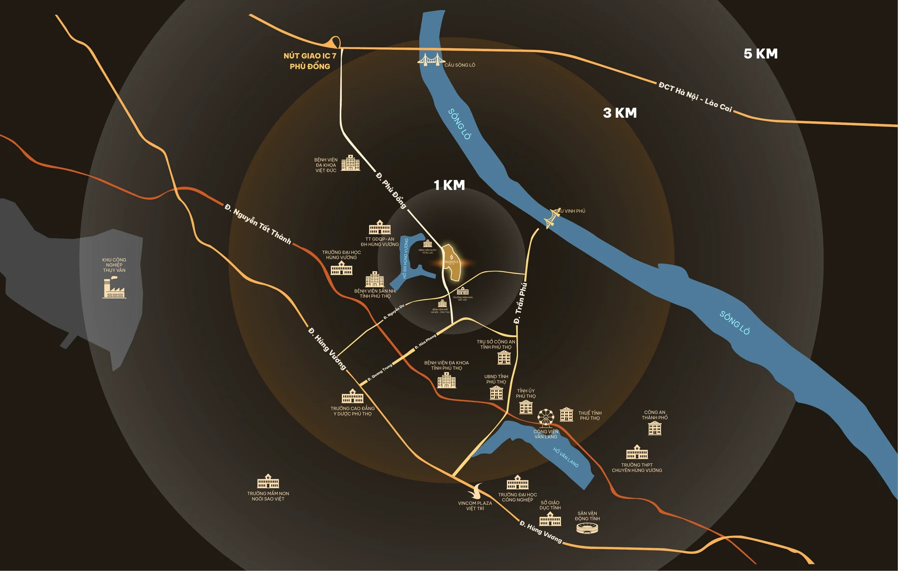 Bản đồ vị trí dự án Sedona Việt Trì với các vòng bán kính 1 km, 3 km, 5 km, đường Phù Đổng, sông Lô và các tiện ích xung quanh