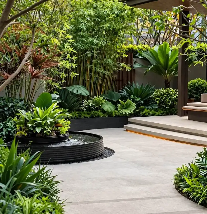 Phối cảnh Harmony Garden tầng 2, khu vườn thanh tĩnh với cây nhiệt đới và lối đá