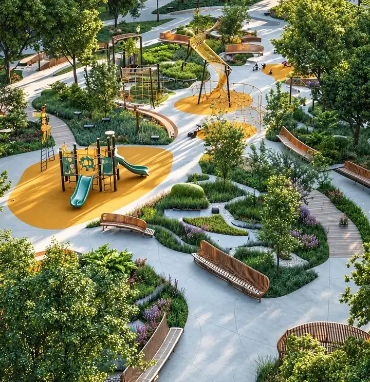 Phối cảnh Heritage Park tầng 1 với lối dạo, sân chơi trẻ em và mảng cây xanh