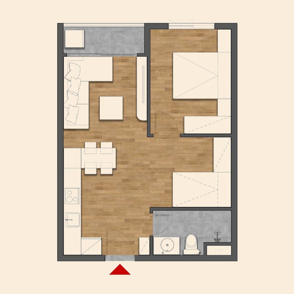 Mặt bằng căn hộ 1 phòng ngủ diện tích thông thủy 44,5 m²