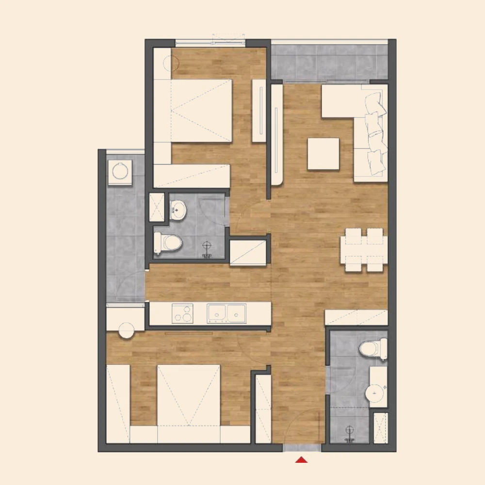 Mặt bằng căn hộ 2 phòng ngủ diện tích thông thủy 68,0 m²