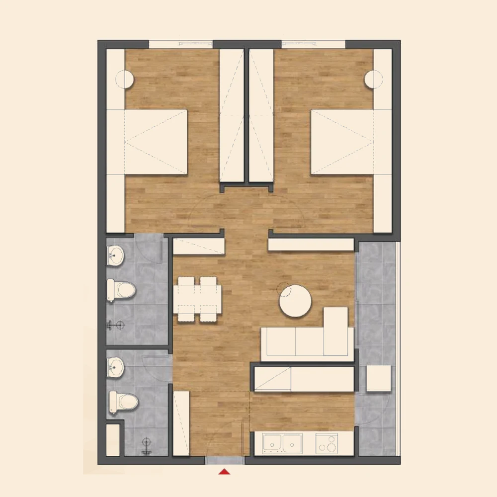 Mặt bằng căn hộ 2 phòng ngủ góc diện tích thông thủy 70,7 m²