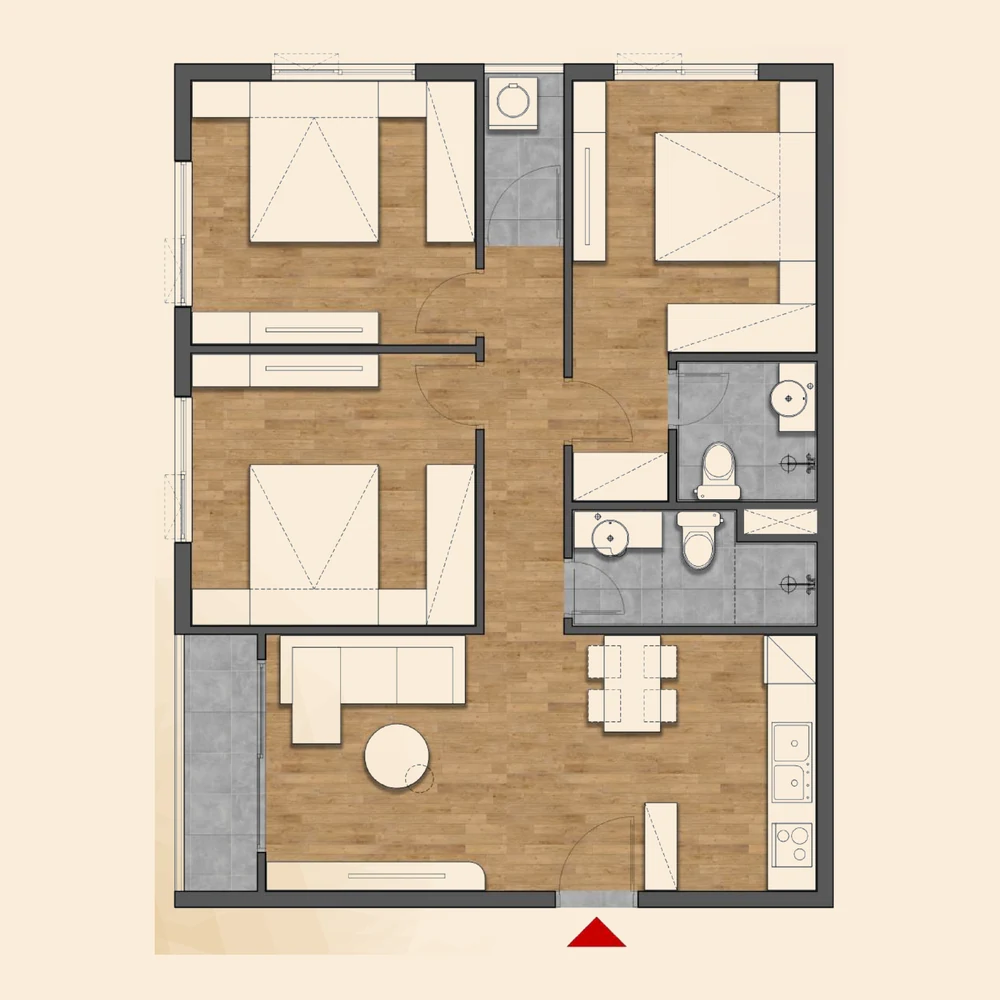 Mặt bằng căn hộ 3 phòng ngủ diện tích thông thủy 77,5 m²